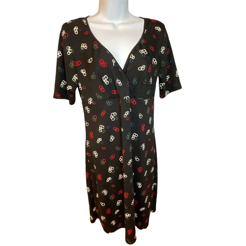 Esprit de Corp Vintage Wrap Style Black with Print Midi Dress Sz L